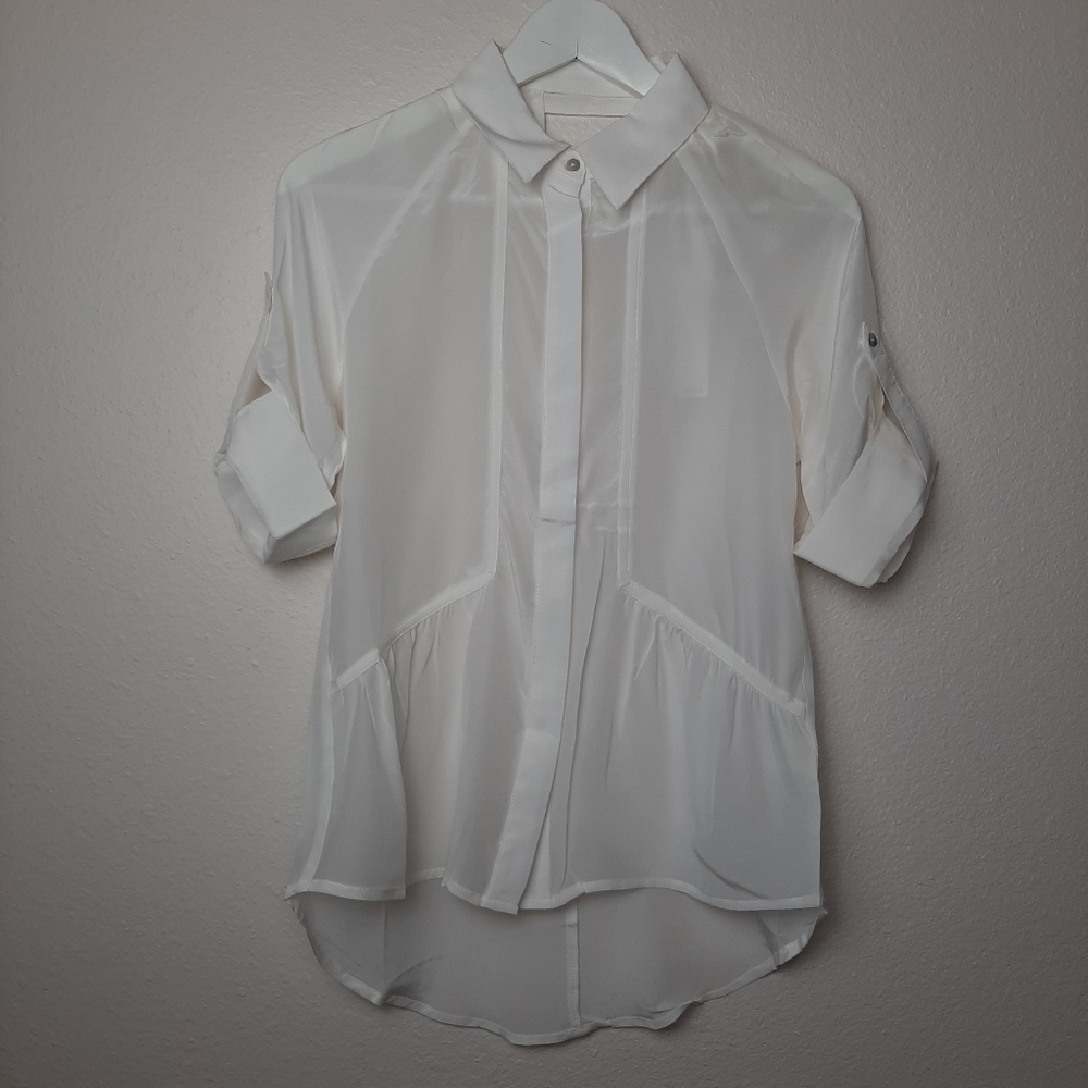 Line & Dot Sheer Overlay Long Sleeve Button Blouse